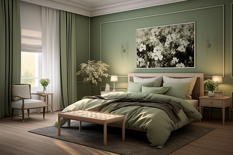 интерьер спальни в зеленых цветах